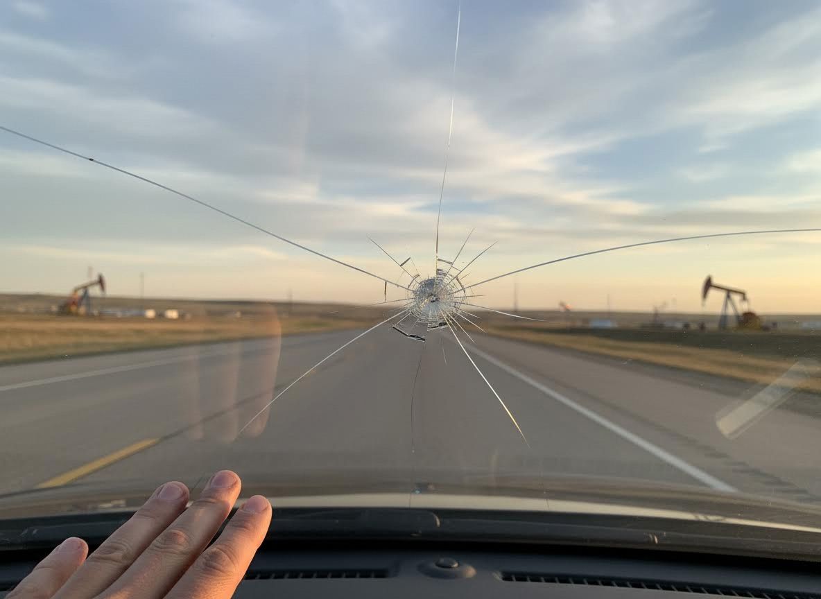 Cracked Car Windshield with Rural Highway View