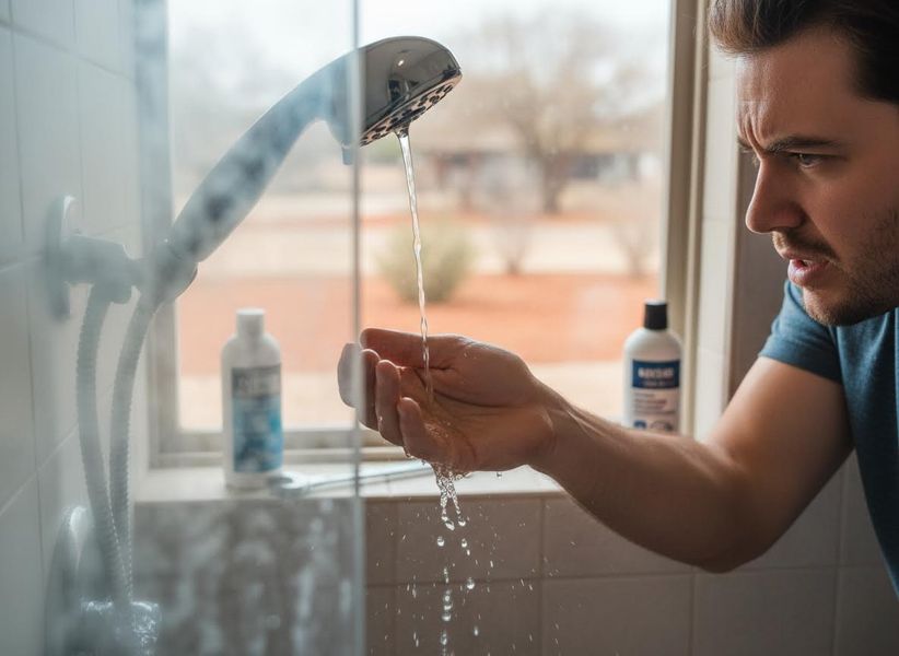 A man with a concerned expression cups his hand under a running shower head to test the water temperature, with bottles on a windowsill. Man testing shower water temperature