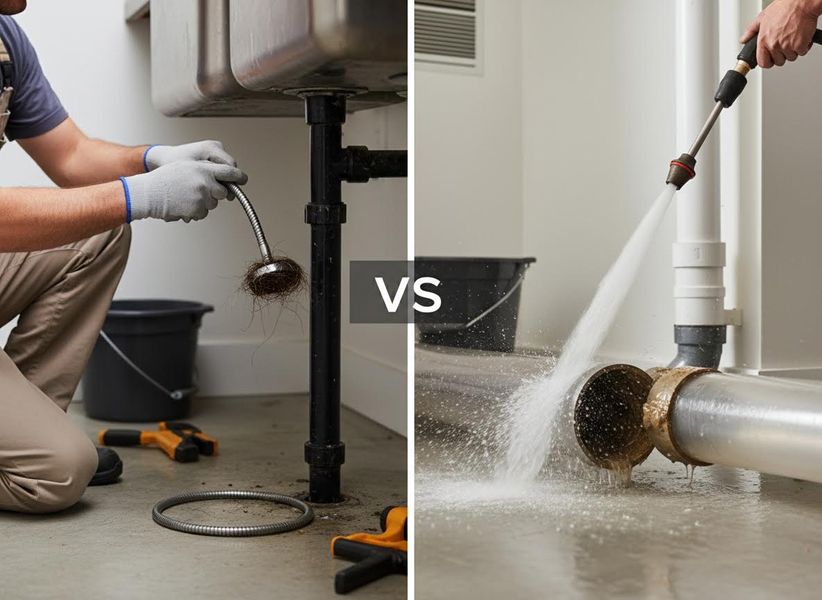 Left image: A person uses a drain snake to remove hair and debris from under a sink. Right image: A hand uses a pressure washer to clean a dirty pipe. Drain Cleaning Methods Comparison