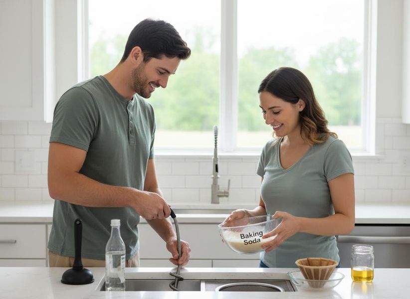 A smiling couple in a bright kitchen uses baking soda and a drain snake to clean a sink. A bottle of vinegar is on the counter. Smiling couple cleaning kitchen sink drain with baking soda and a drain snake