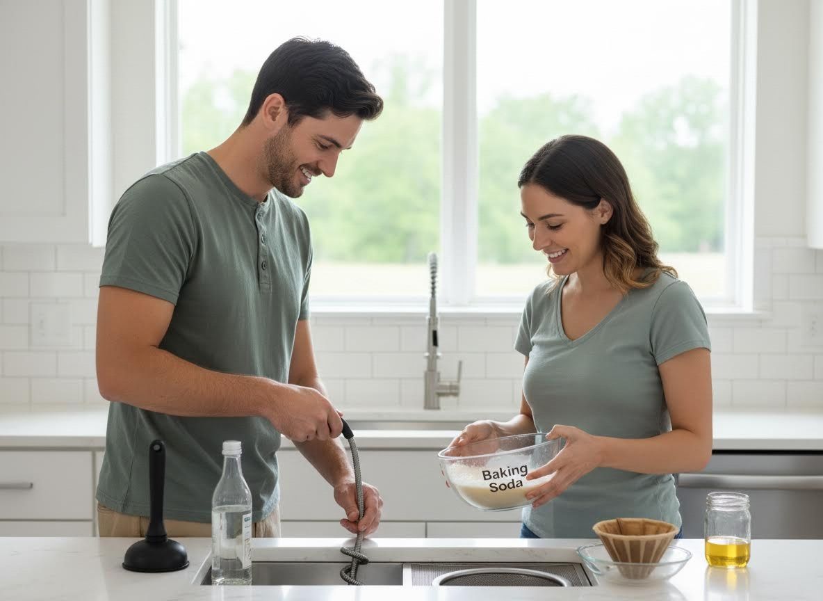 Smiling couple cleaning kitchen sink drain with baking soda and a drain snake