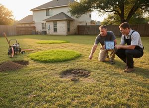 Two men, one holding a tablet with a diagram, discuss installing an irrigation system in a residential backyard with dug holes. Two Landscapers Planning Backyard Irrigation System