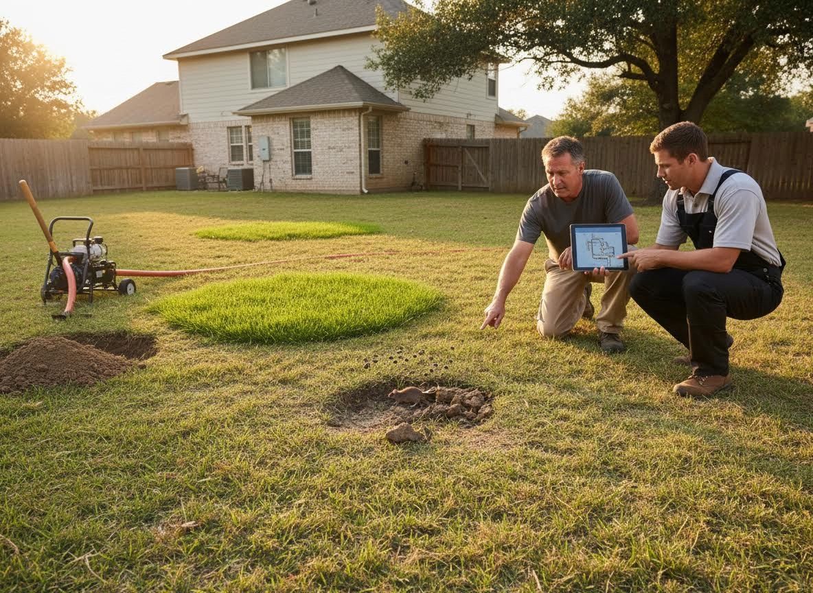 Two Landscapers Planning Backyard Irrigation System