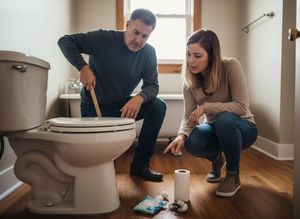 A man and woman inspect a clogged toilet in a bathroom, with the man holding a stick and the woman pointing to debris on the floor. Couple troubleshooting a clogged toilet