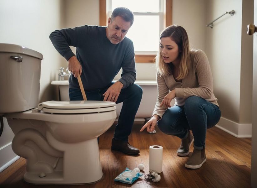 A man and woman inspect a clogged toilet in a bathroom, with the man holding a stick and the woman pointing to debris on the floor. Couple troubleshooting a clogged toilet