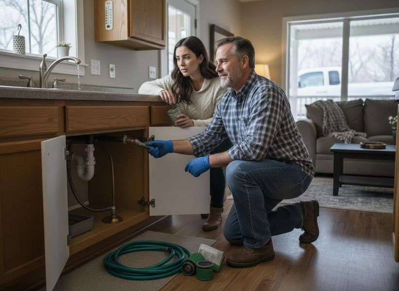 A man in blue gloves kneels, fixing a pipe under a kitchen sink, while a woman leans over, watching him closely. Plumbing tools are nearby. Man repairing kitchen sink plumbing with woman