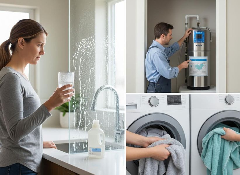 A woman concerned about water quality, a technician servicing a water treatment system, and laundry being loaded into washing machines. Water quality issues and home water treatment solutions