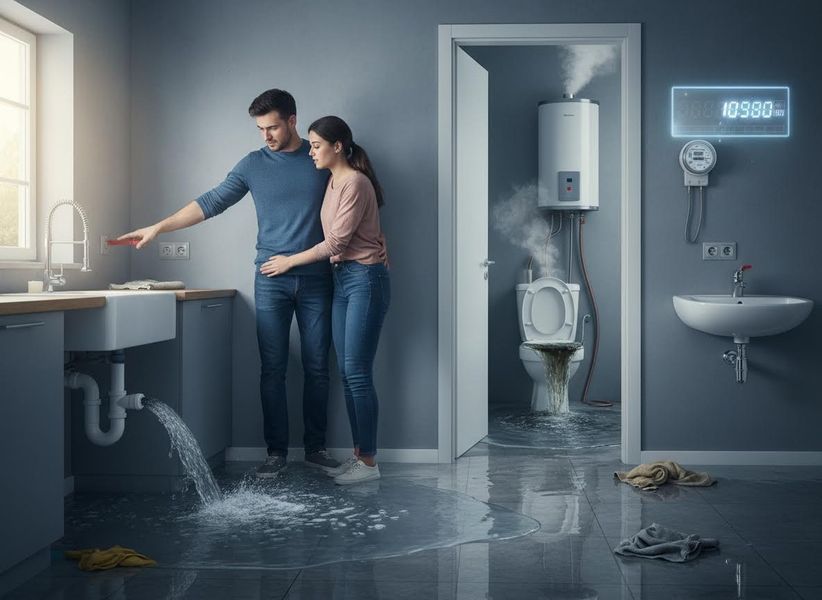 A couple surveys a flooded kitchen from a leaking sink. An adjacent bathroom features an overflowing toilet, steaming water heater, and high meter readings. Home Plumbing Catastrophe