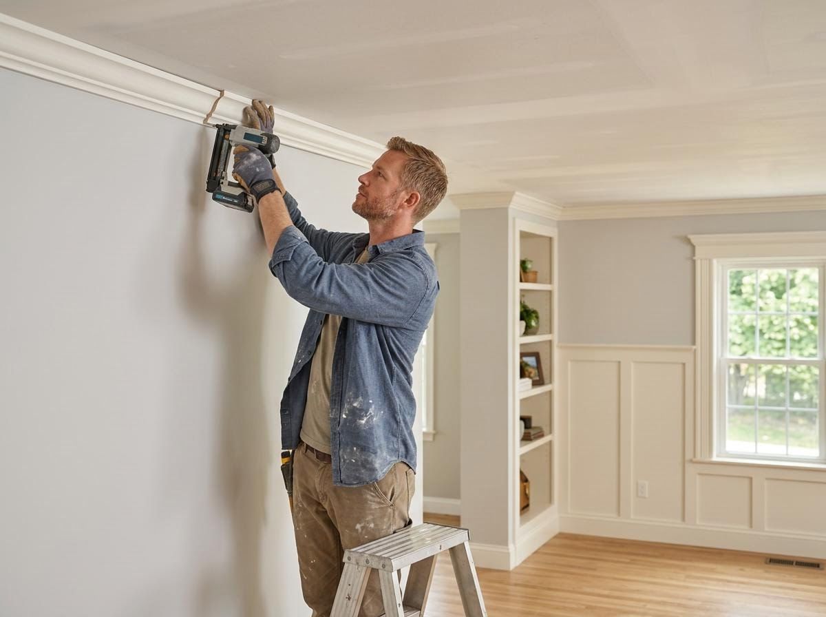 Man installing crown molding with a nail gun