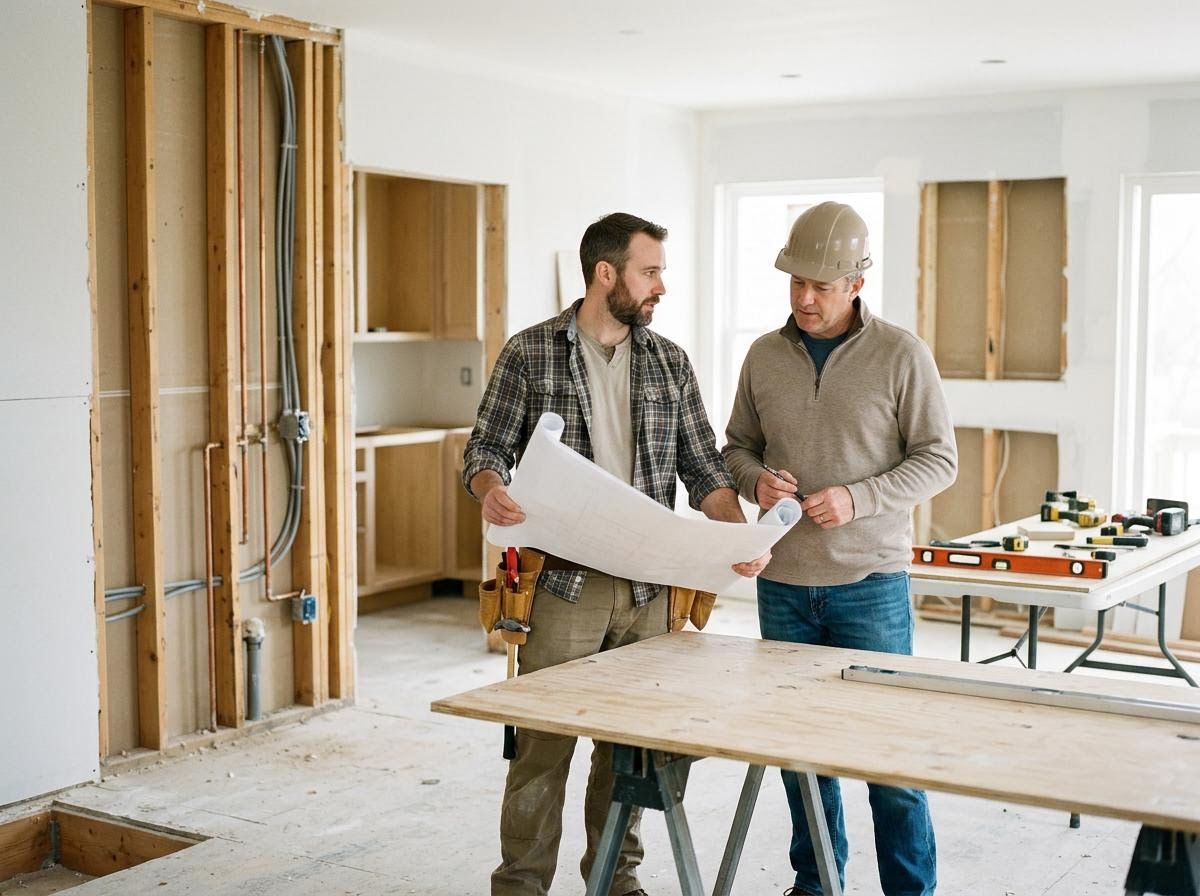 Construction Workers Reviewing Blueprints on Site