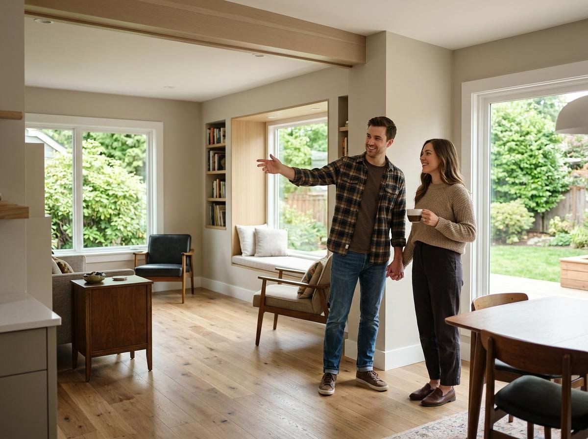 Couple exploring a modern living room