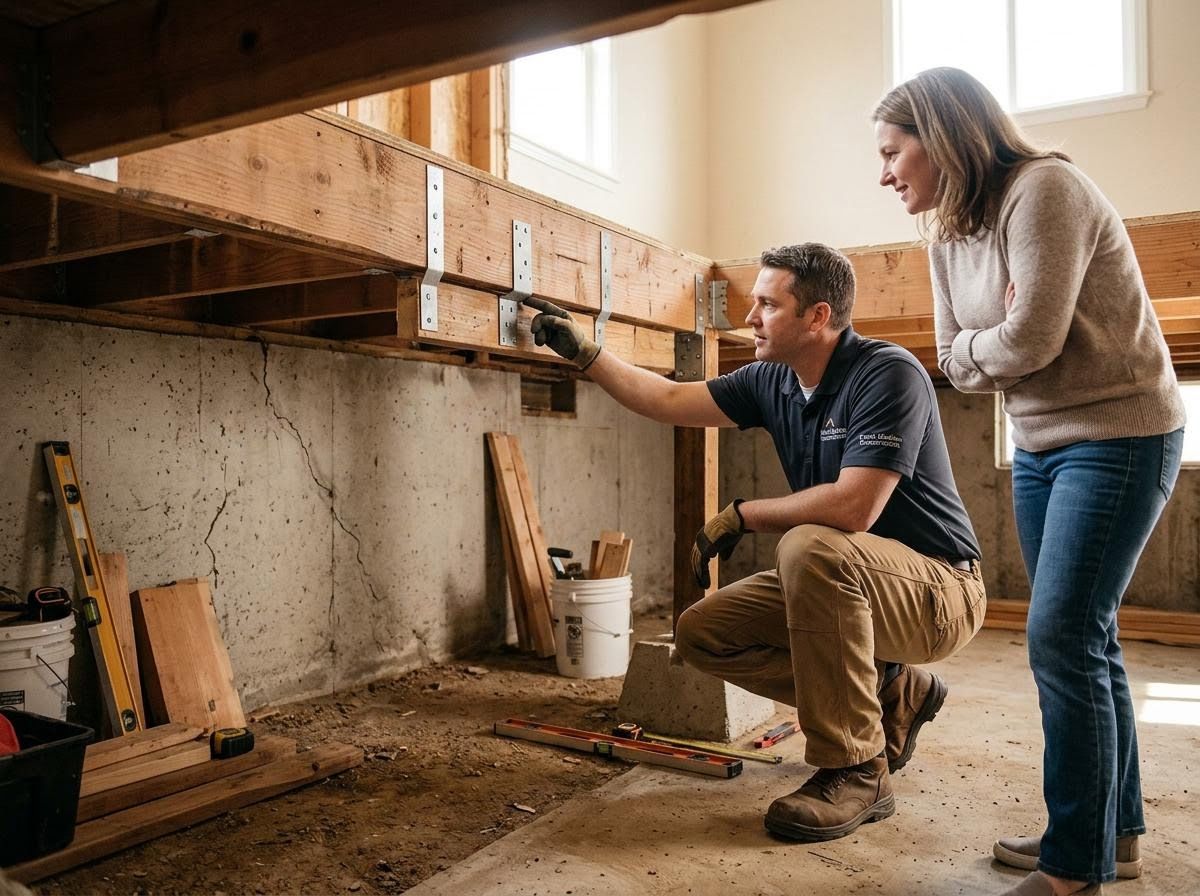 Contractor and Homeowner Discussing Basement Foundation Issues