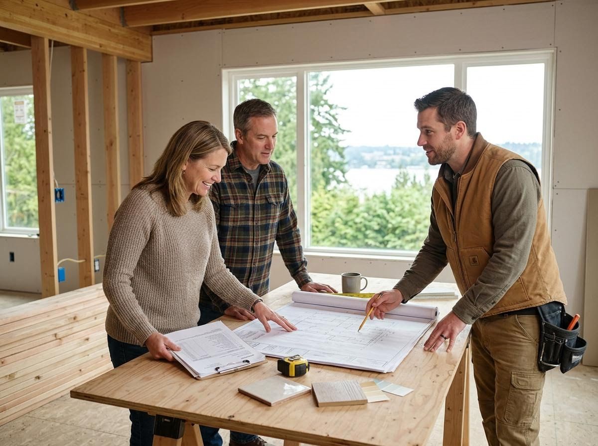 Contractor reviews home renovation blueprints with couple