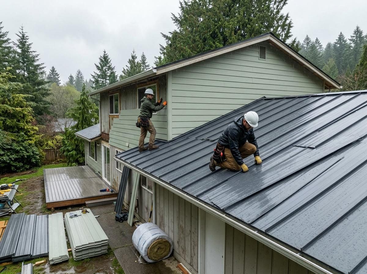 Construction Workers Installing Siding and Metal Roofing on House