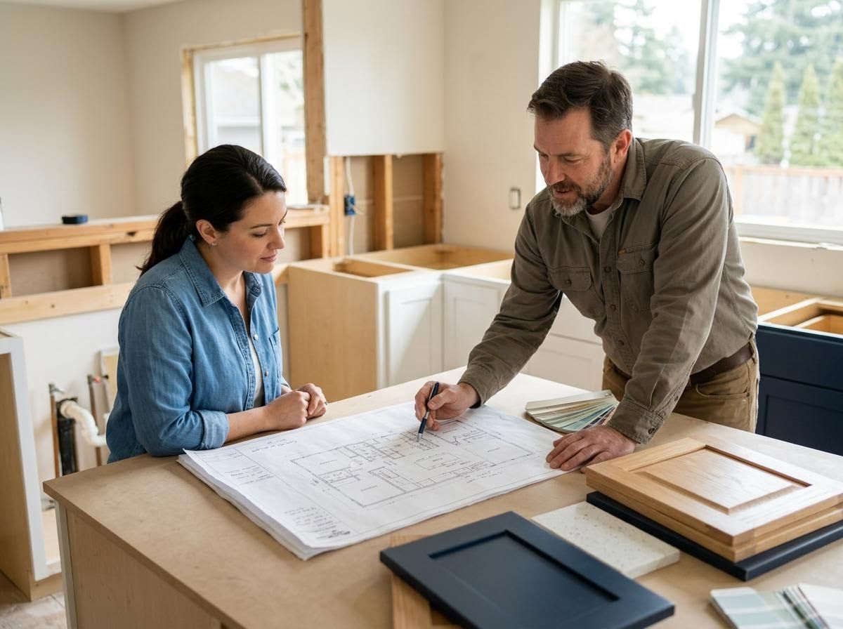 Couple planning kitchen renovation with blueprints