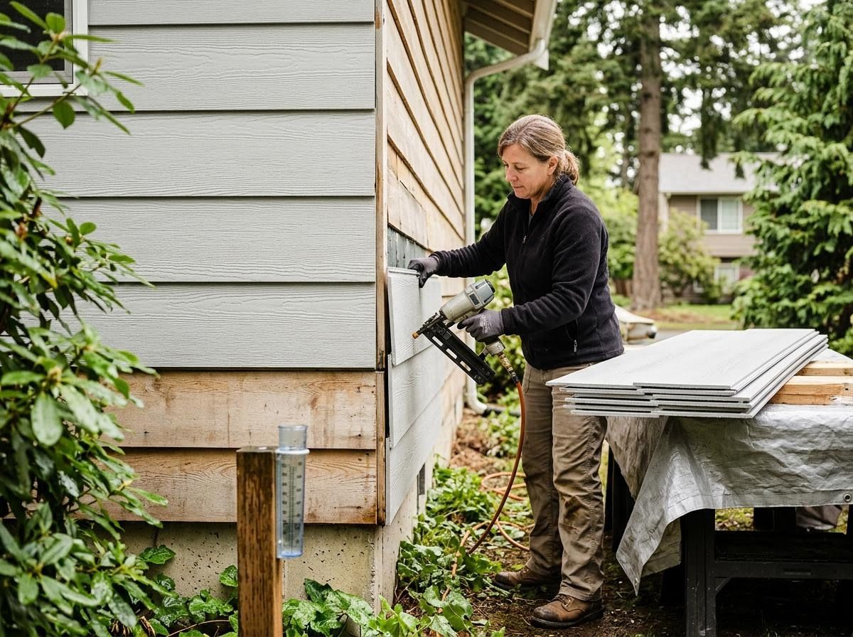 Woman installing new siding on a house