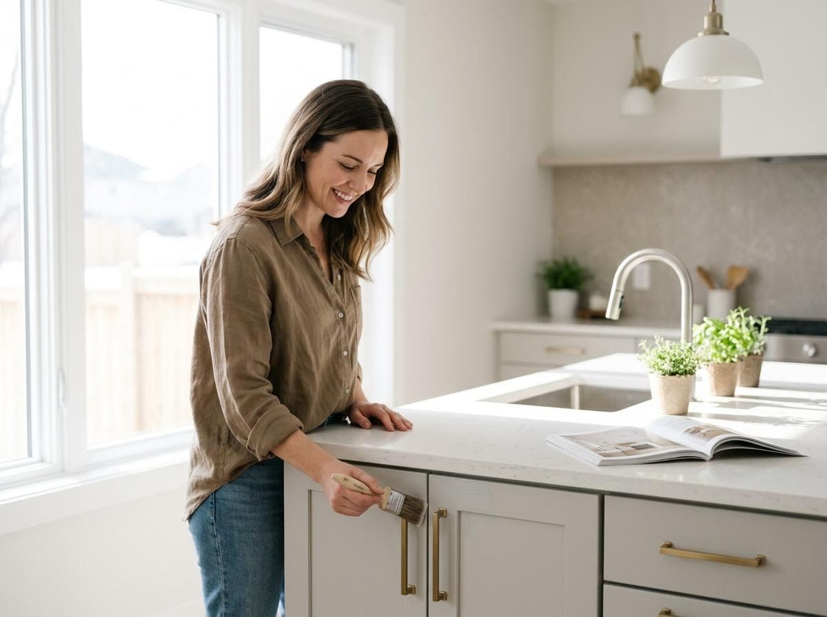 Woman painting kitchen cabinets during home renovation