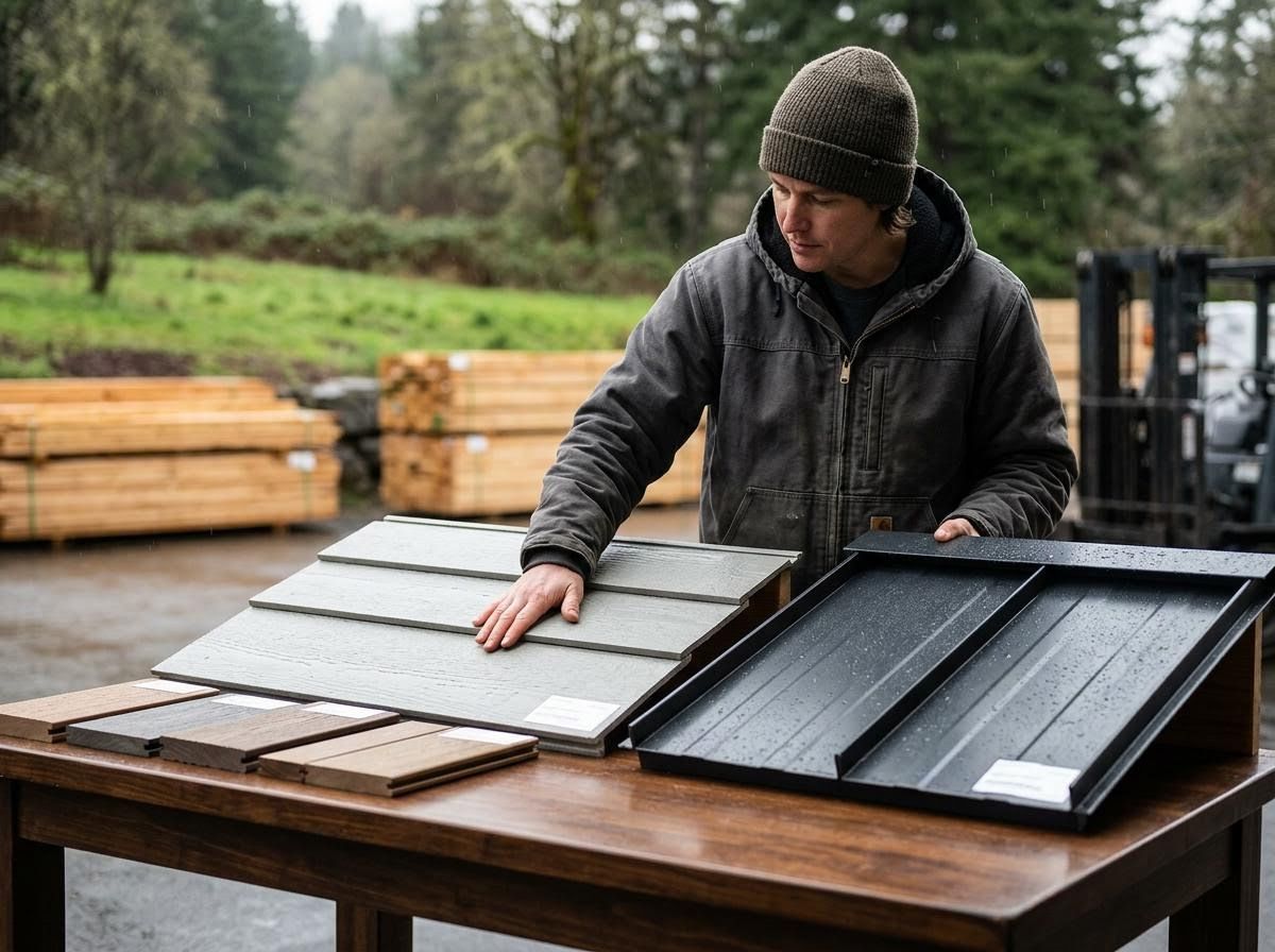 Man examining building material samples outdoors