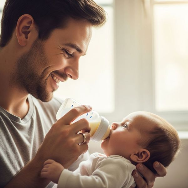 Father bonding with baby during bottle feeding Father bonding with baby during bottle feeding