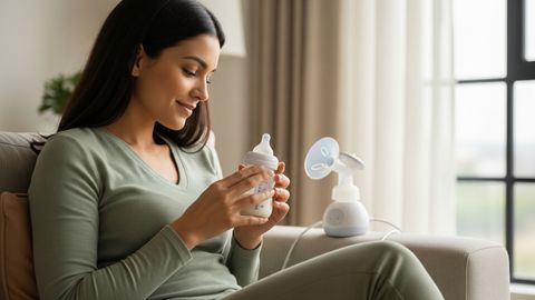 Mother feeding baby with bottle, breast pump in background