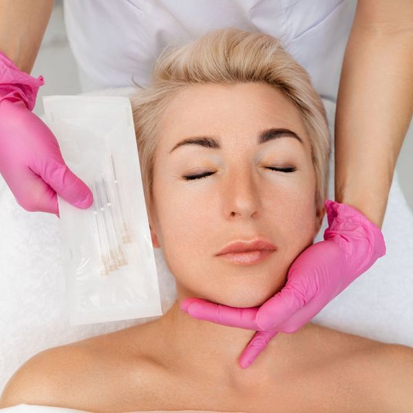 Med spa professional holding unopened PDO threads next to a patient's face. 