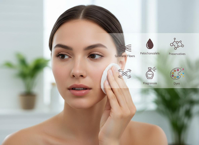 Woman Cleansing Face with Cotton Pad and Skincare Ingredient Icons