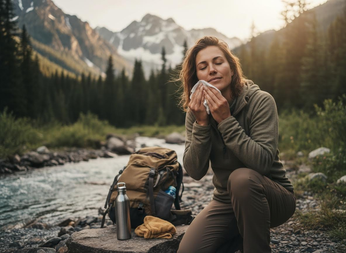 Woman enjoying fresh air during a mountain hike