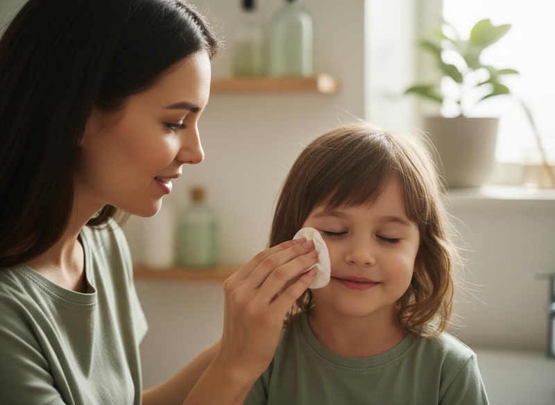 Mother cleaning child's face with cotton pad