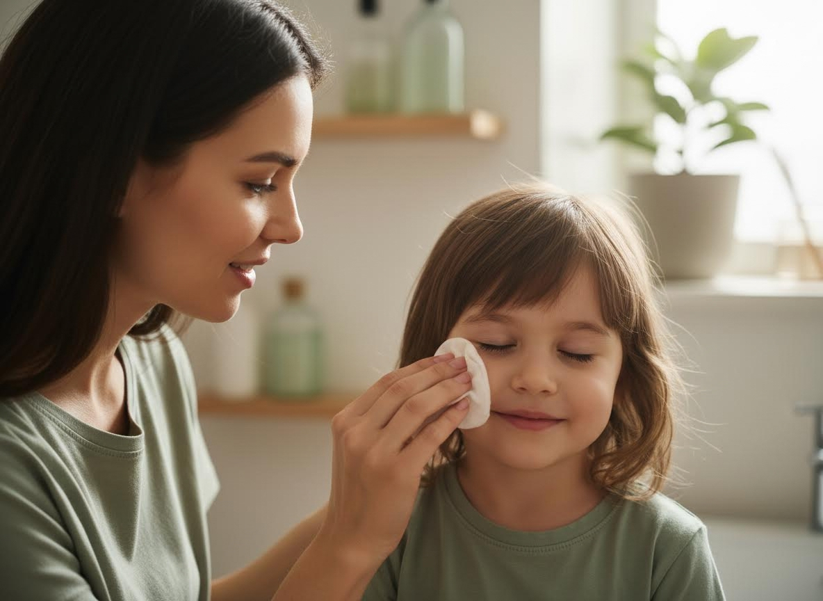 Mother cleaning child's face with cotton pad