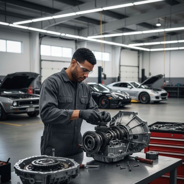 A mechanic working on a transmission
