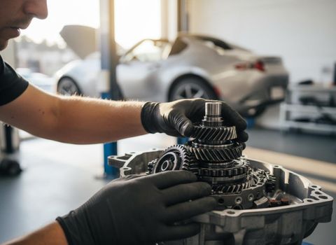 Mechanic assembling car transmission in a garage