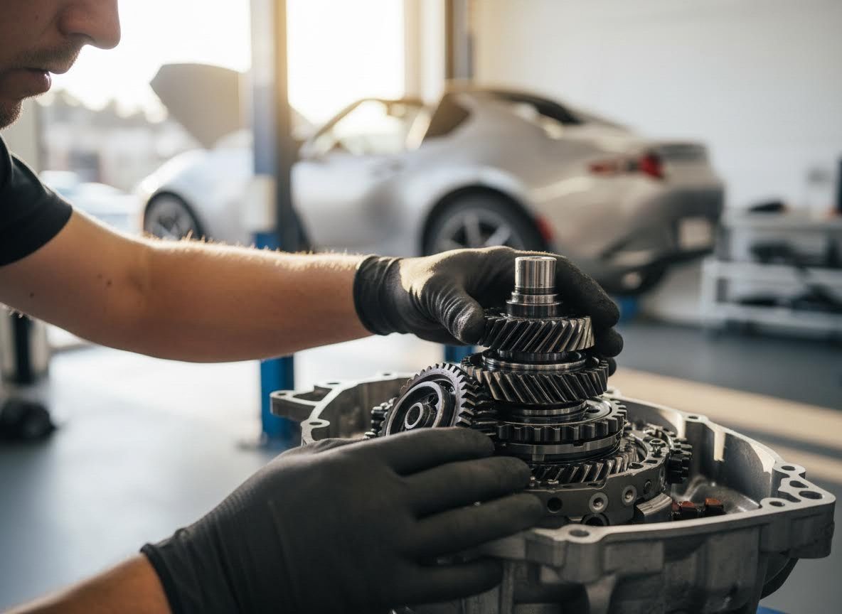 Mechanic assembling car transmission in a garage
