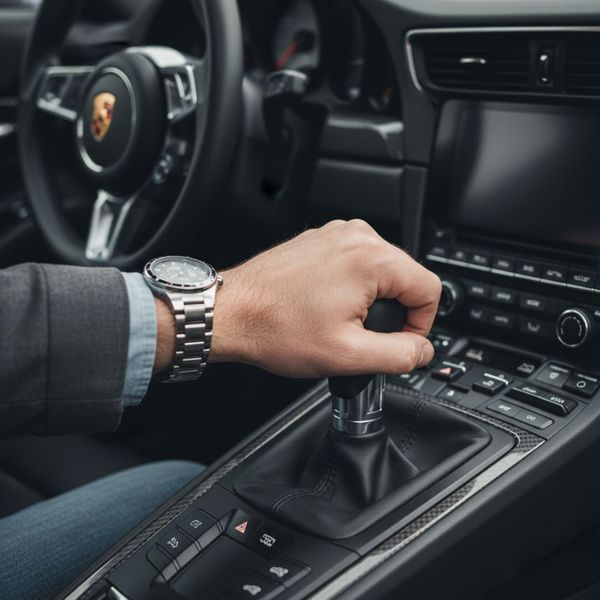 Driver's hand on a Porsche manual gear selector in the car's interior.