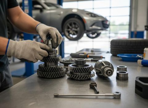 Gloved hands assemble intricate car transmission gears on a metal workbench inside a busy auto repair shop, with a car on a lift in the background. Mechanic Assembling Car Transmission Gears