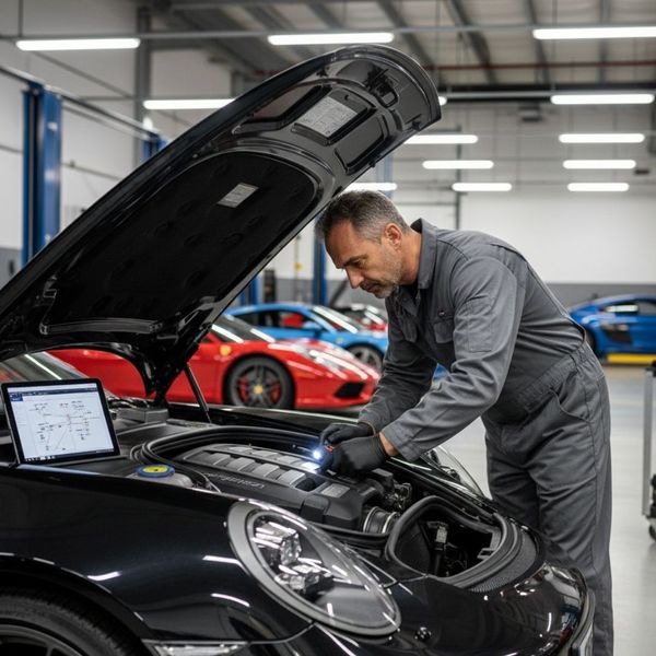 A mechanic inspecting an engine