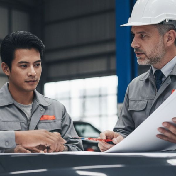An engineers and a client review blueprints together in a professional automotive workshop environment.