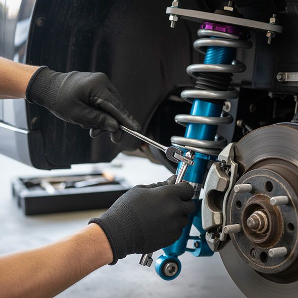 A person's hands are shown adjusting a coilover, highlighting the technical aspect of suspension tuning. Maximizing Vehicle Performance BB Image 1.jpg