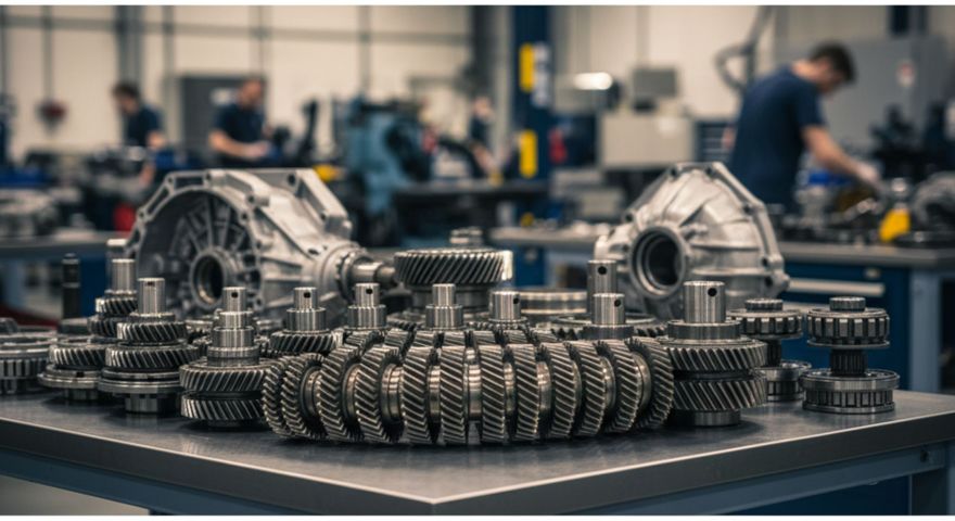 Disassembled Porsche manual transmission and differential components on a clean workbench for a custom rebuild.