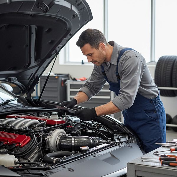 A mechanic is focused on a laptop while working on an open car engine in a clean, professional workshop. Maximizing Vehicle Performance BB Image 3.jpg