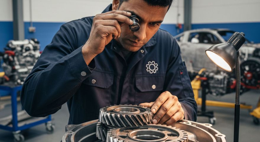 A mechanic meticulously inspects high-performance transmission gears in a workshop setting