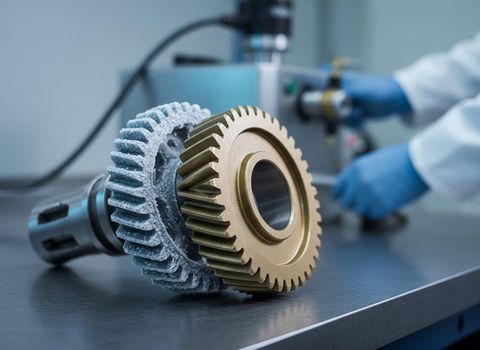 Two gears, one gold and one textured gray, on a table with a lab worker operating machinery in the background. Precision Industrial Gears in a Laboratory