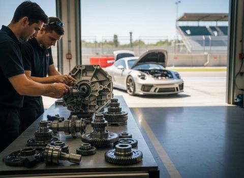 Mechanics assembling a car transmission at a race track garage