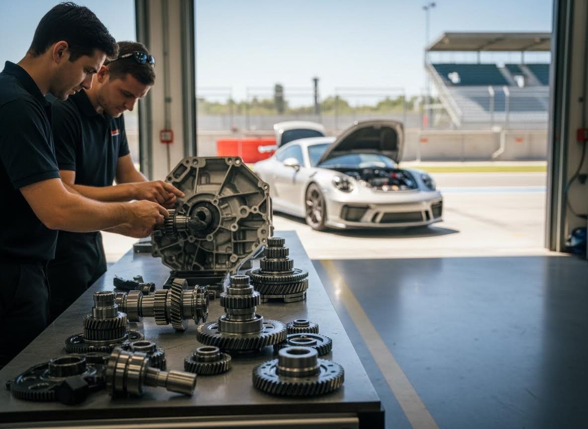 Mechanics assembling a car transmission at a race track garage