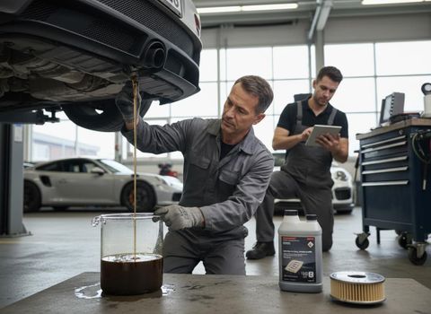 Two mechanics perform an oil change on a car in a garage. One drains old oil, the other checks a tablet. New oil and filter nearby. Car Maintenance Oil Change in a Garage