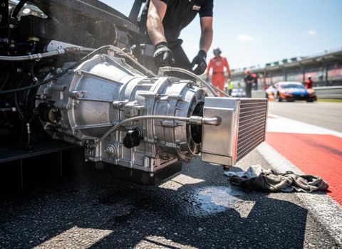 A large, silver racing car engine sits on the asphalt, with a mechanic working on it and another race car visible on the track. Close-up of a racing car engine on a track