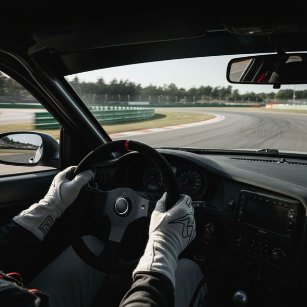 Hands of a racing driver in white gloves firmly grip a steering wheel inside a car on a race track.