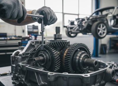 Mechanic repairing car transmission gears