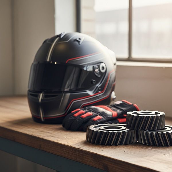 A racing helmet and gloves rest on a workbench next to a set of high-performance gears. The Benefits of Cryo Treatment for Off-Road and MX Racing BB Image 3.jpg