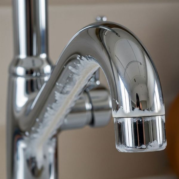 A close-up of a faucet head covered in thick, white mineral deposits, highlighting the effects of hard water.