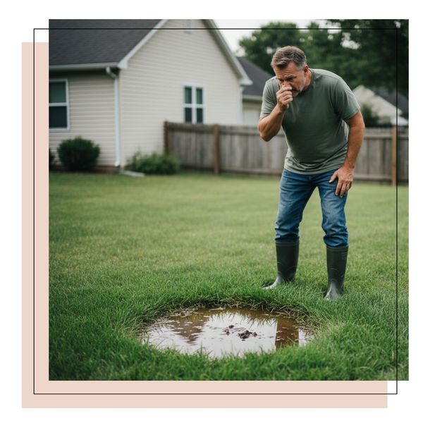 man holding nose, looking at muddy puddle in yard man holding nose, looking at muddy puddle in yard